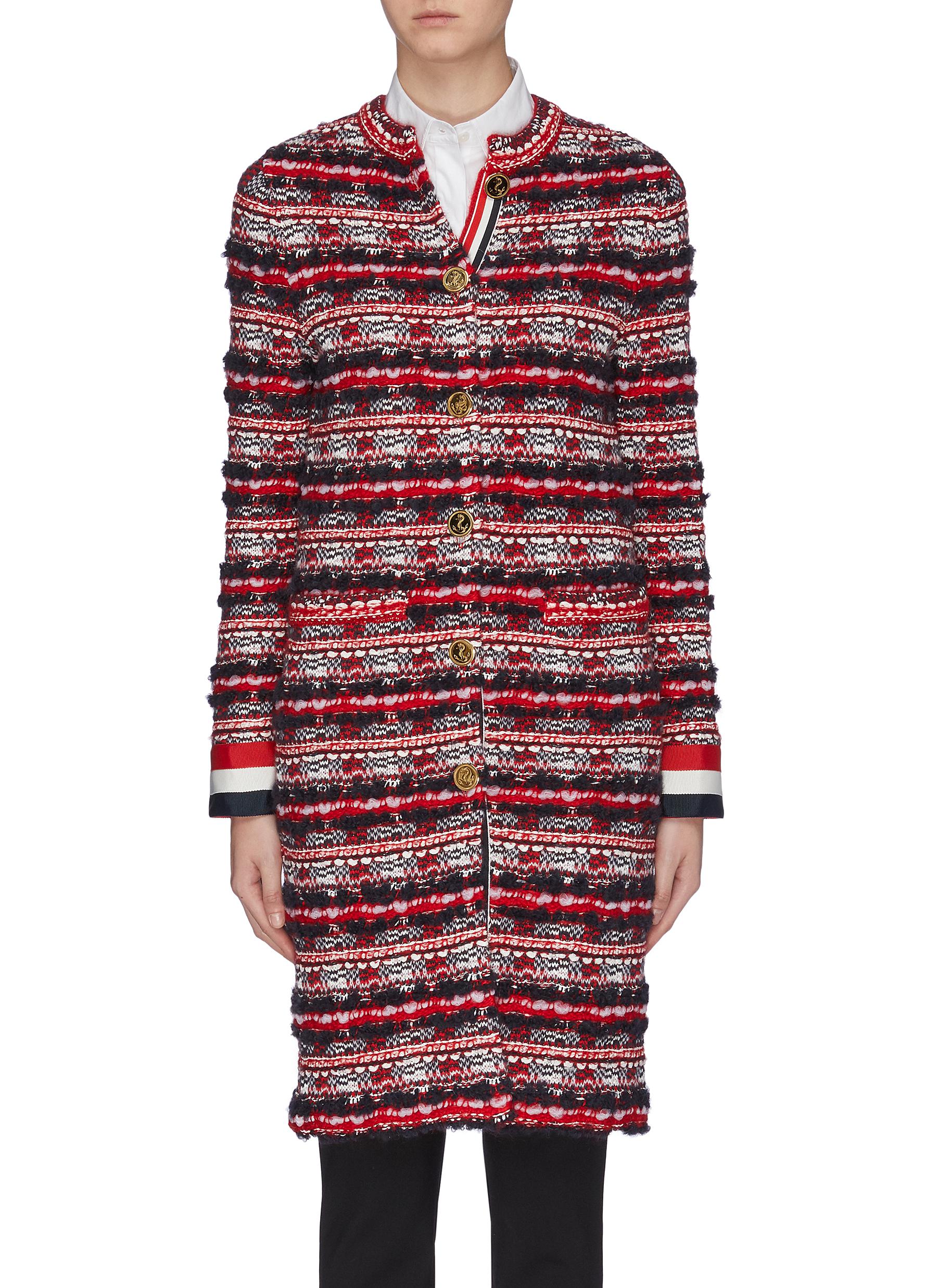 Frayed stripe jacquard tweed long jacket by Thom Browne