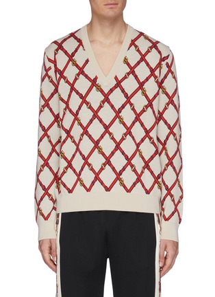 Main View - Click To Enlarge - GUCCI - GG checkerboard belt jacquard V-neck sweater