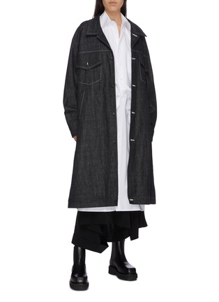 Figure View - Click To Enlarge - YOHJI YAMAMOTO - Contrast piping oversized denim coat