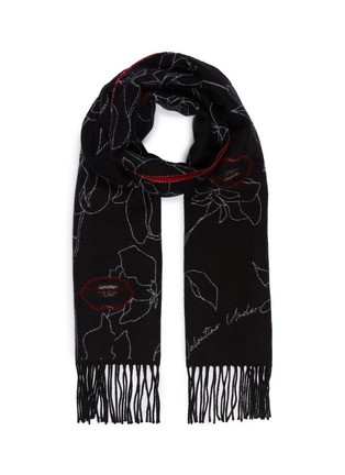 Main View - Click To Enlarge - VALENTINO GARAVANI - Valentino Garavani Rose lip intarsia fringe virgin wool-cashmere scarf