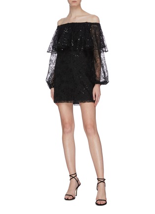 Figure View - Click To Enlarge - ROTATE - 'Number 30' sequin tiered floral lace off-shoulder dress