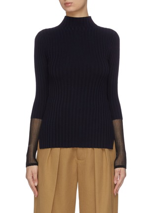 Main View - Click To Enlarge - EQUIL - High neck contrast sheer panel ribbed wool blend sweater