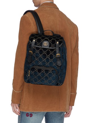 Figure View - Click To Enlarge - GUCCI - GG logo embroidered small velvet backpack