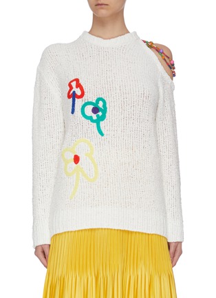 Main View - Click To Enlarge - MIRA MIKATI - 'Ohh Lala' open shoulder slogan floral embroidered sweater