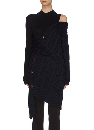 Main View - Click To Enlarge - MONSE - Two tone shoulder cut out asymmetric merino wool knit top