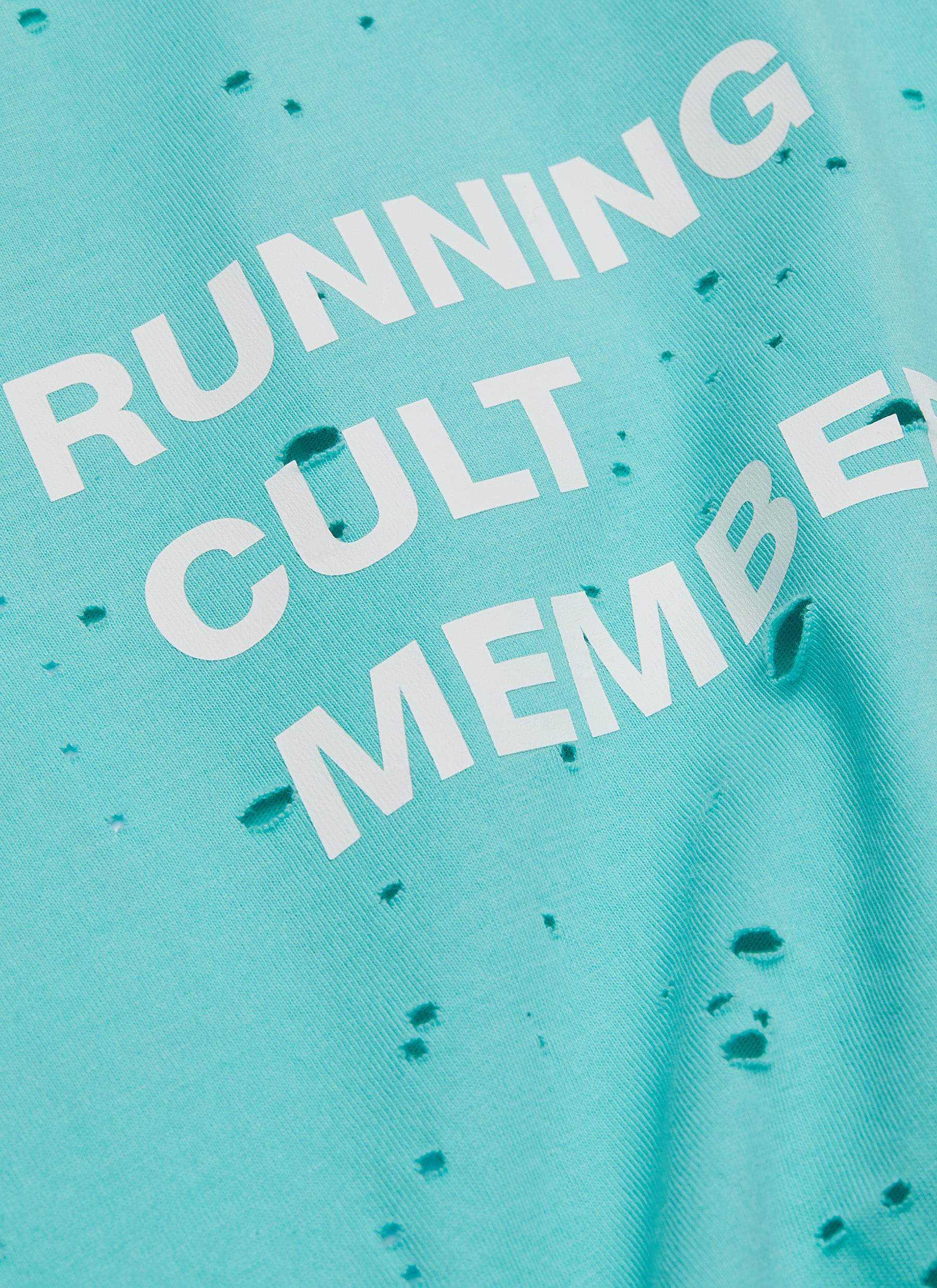 SATISFY 'RUNNING CULT MEMBER' SLOGAN PRINT DISTRESSED TANKTOP
