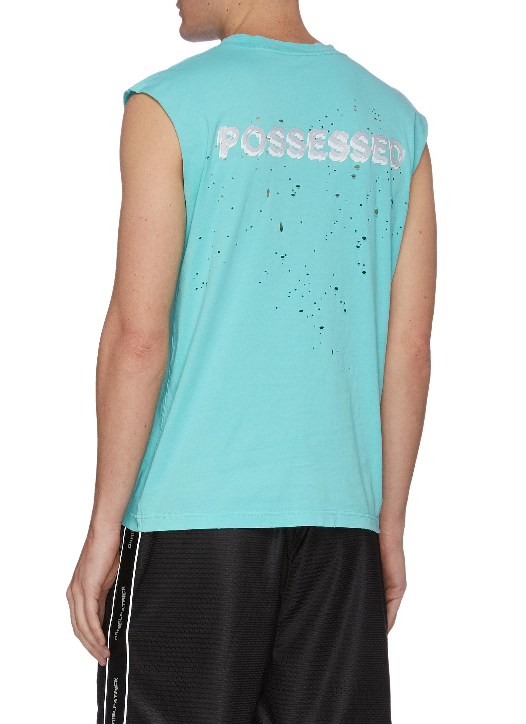 SATISFY 'RUNNING CULT MEMBER' SLOGAN PRINT DISTRESSED TANKTOP