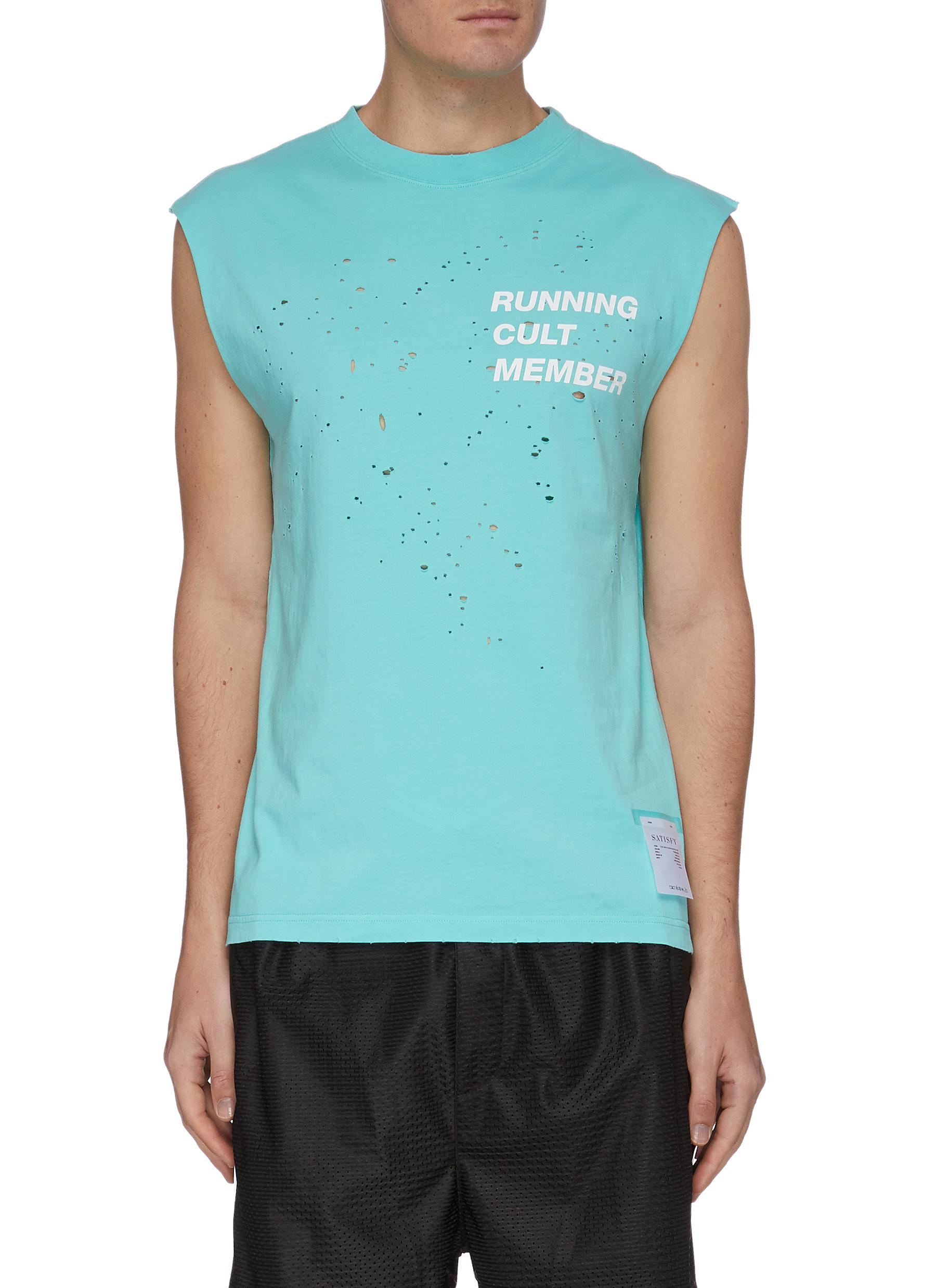 SATISFY 'RUNNING CULT MEMBER' SLOGAN PRINT DISTRESSED TANKTOP