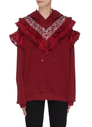 Main View - Click To Enlarge - NEEDLE & THREAD - Floral embroidered ruffle trim hoodie