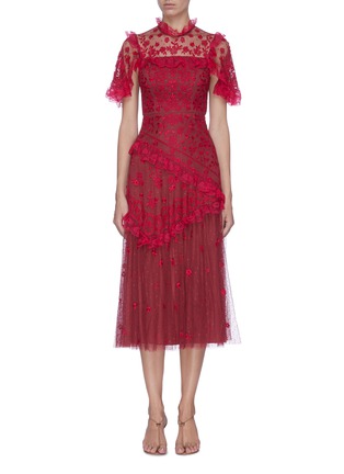 Main View - Click To Enlarge - NEEDLE & THREAD - 'Elsa Ballerina' floral embroidered lace trim ruffle tiered tulle midi dress