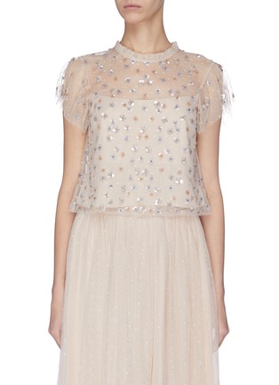 Main View - Click To Enlarge - NEEDLE & THREAD - 'Glimmer' sequin embroidered sheer ruffle top
