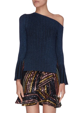 Main View - Click To Enlarge - SELF-PORTRAIT - One shoulder flared sleeve rib knit top