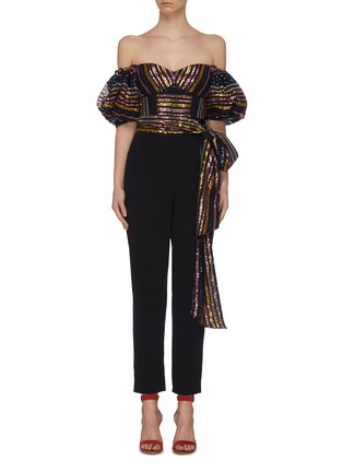 Main View - Click To Enlarge - SELF-PORTRAIT - Stripe sequin embellished puff sleeve jumpsuit