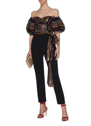 Figure View - Click To Enlarge - SELF-PORTRAIT - Stripe sequin embellished puff sleeve jumpsuit
