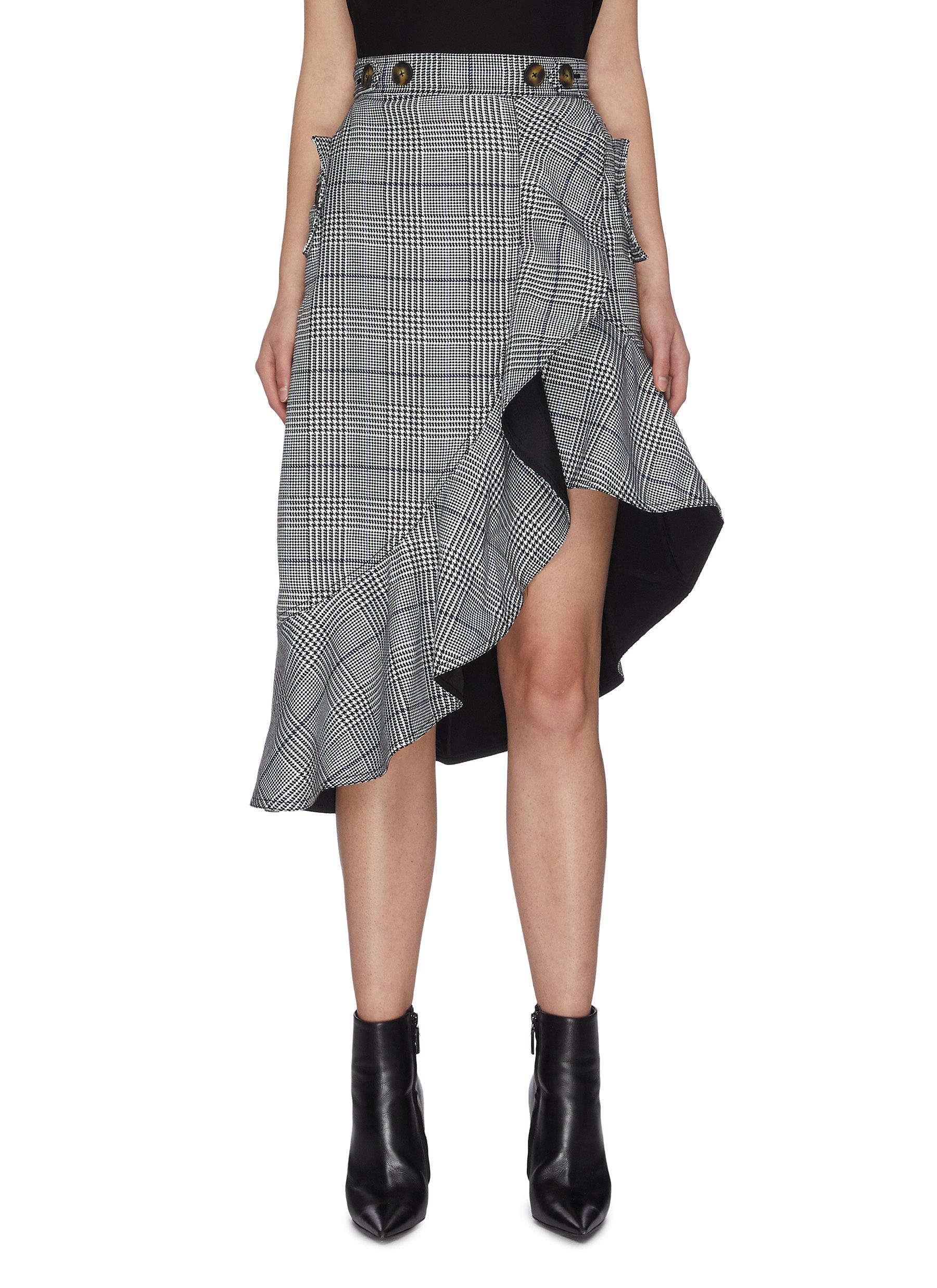 Self Portrait Asymmetric Drape Check Plaid Mock Wrap Midi Skirt