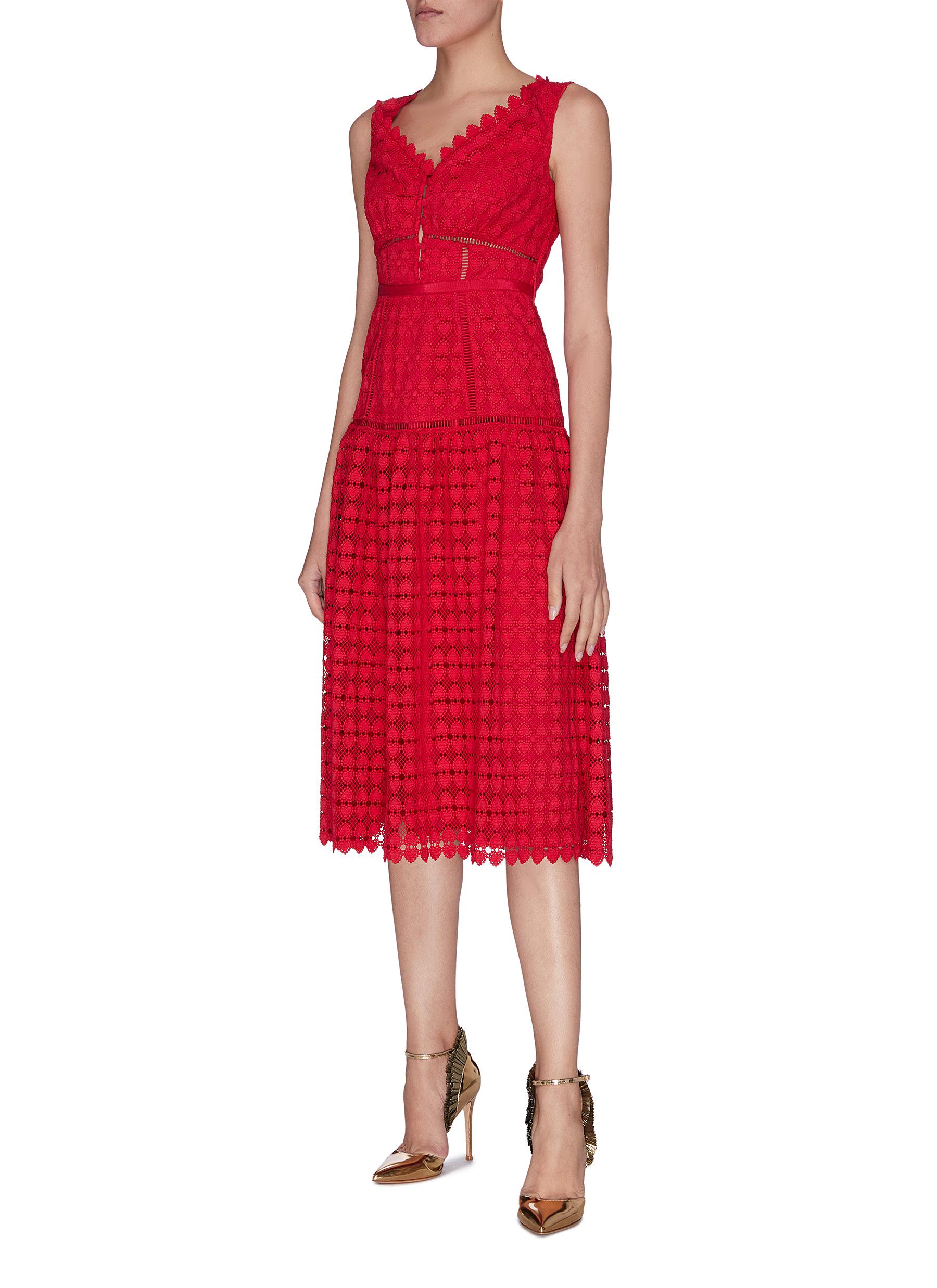 SELF-PORTRAIT FLORAL LACE EMBROIDERED BELTED MIDI DRESS