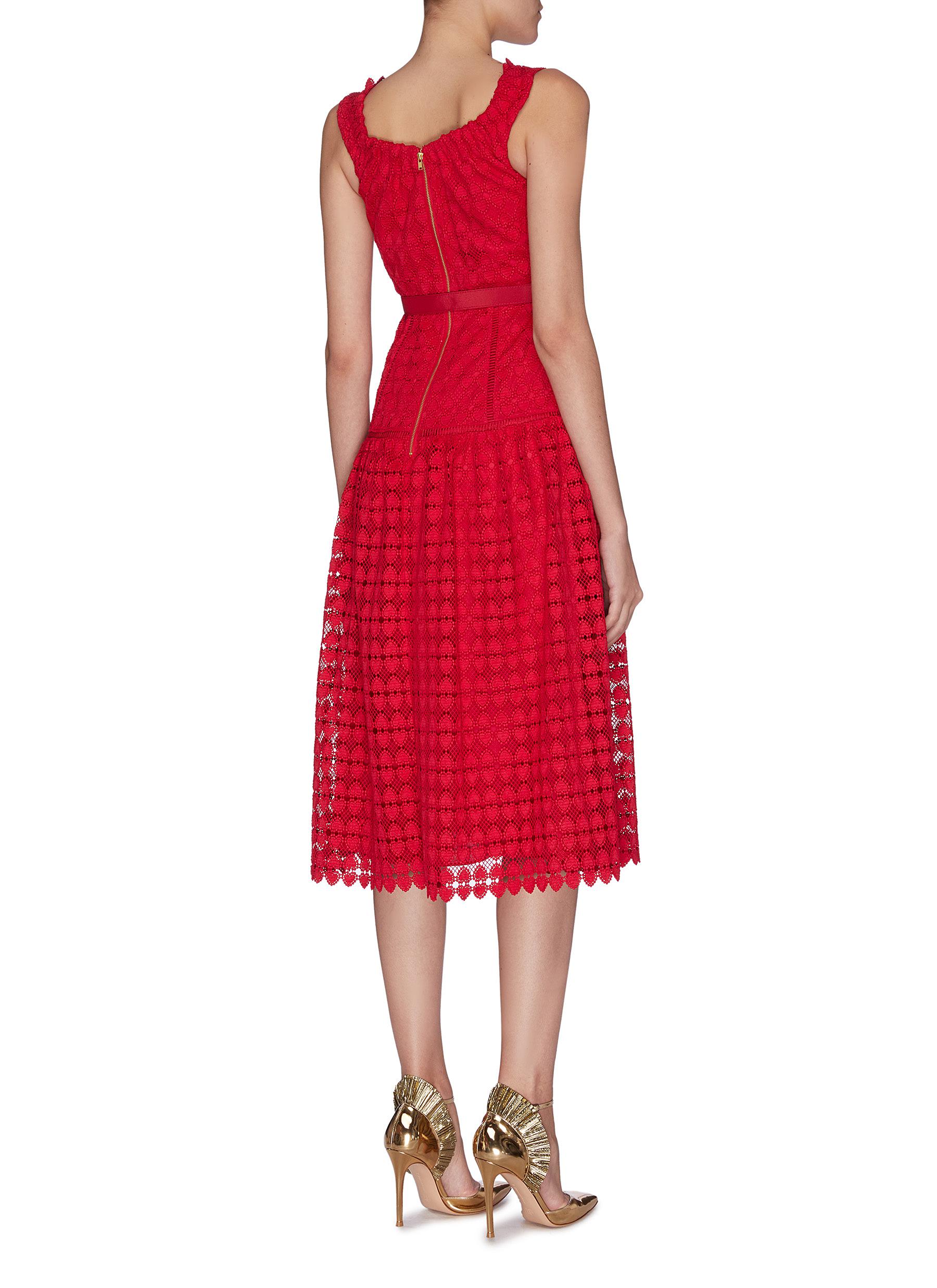 SELF-PORTRAIT FLORAL LACE EMBROIDERED BELTED MIDI DRESS