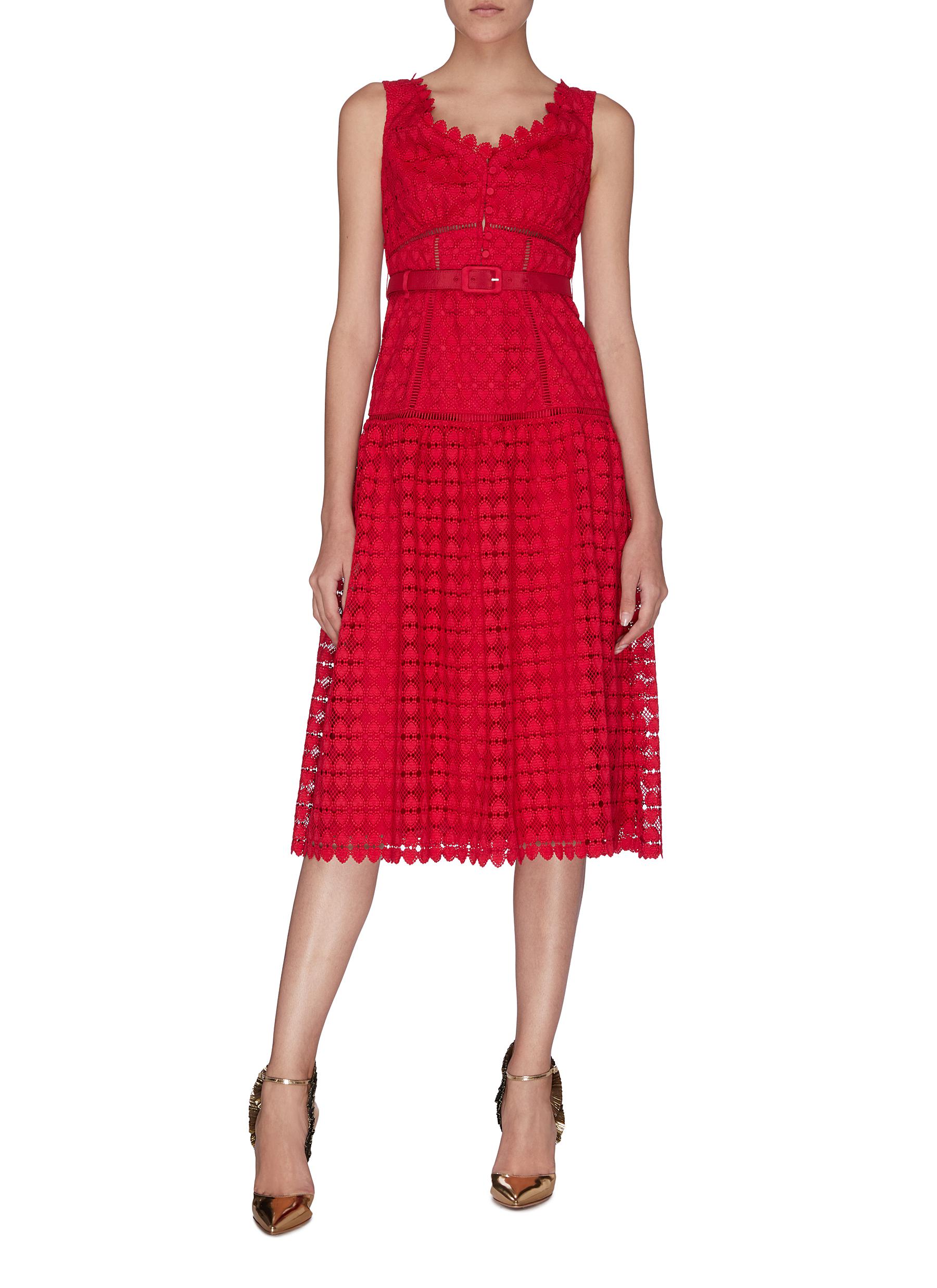 SELF-PORTRAIT FLORAL LACE EMBROIDERED BELTED MIDI DRESS