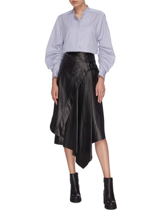Figure View - Click To Enlarge - 3.1 PHILLIP LIM - Ruched sleeves mandarin collar contrast back pinstripe shirt