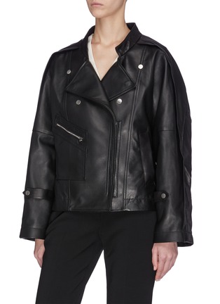 Detail View - Click To Enlarge - 3.1 PHILLIP LIM - Detachable collar ruched sleeve leather jacket
