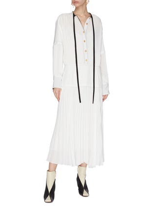 Figure View - Click To Enlarge - PROENZA SCHOULER - Contrast lining pleated neck tie shirt dress