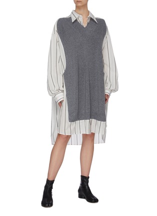 Figure View - Click To Enlarge - MAISON MARGIELA - V-neck rib knit panel striped oversized shirt dress