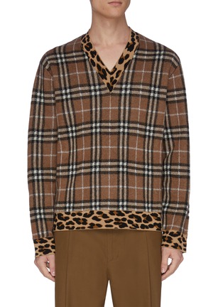 Main View - Click To Enlarge - BURBERRY - Leopard print panelled checked V-neck sweater