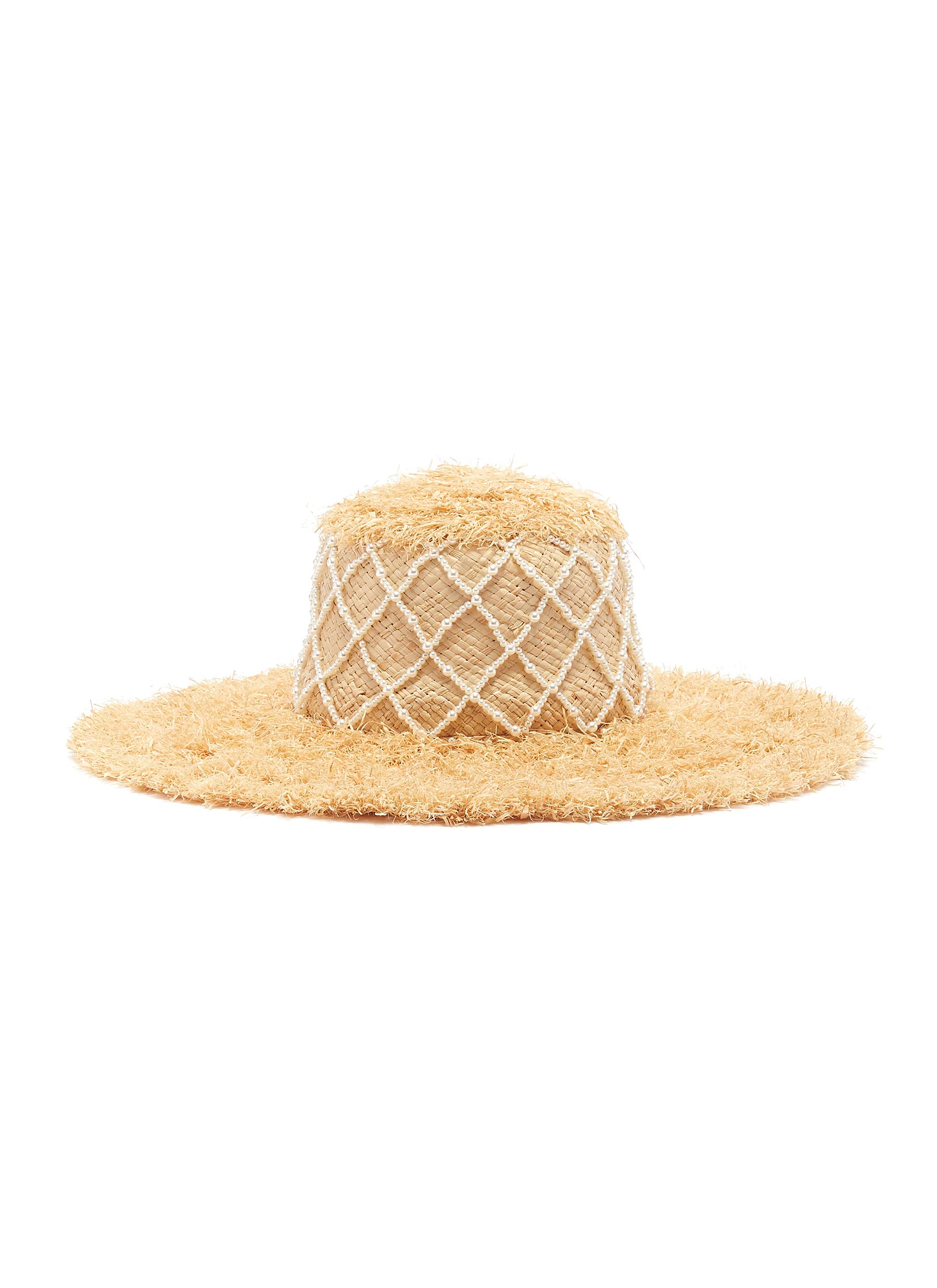 LAURENCE & CHICO DIAMOND GRID PEARL EMBELLISHED STRAW HAT