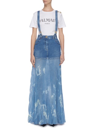 Main View - Click To Enlarge - BALMAIN - Panelled distressed pleated suspender denim skirt