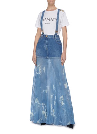 Figure View - Click To Enlarge - BALMAIN - Panelled distressed pleated suspender denim skirt