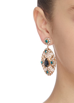 Figure View - Click To Enlarge - KENNETH JAY LANE - Glass crystal emerald embellished sapphire centre filigree drop earrings
