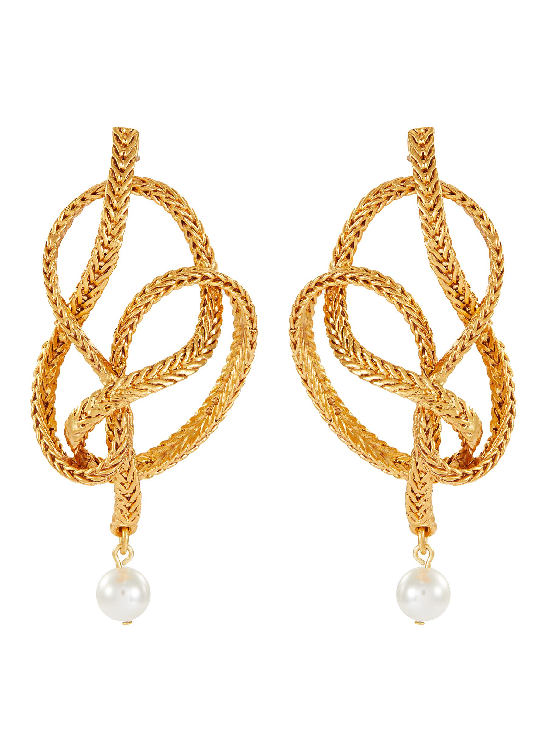 Click to view more detailed imagery on our partner's website Oscar De La Renta Twist Knot Braided Chain Pearl Drop Earrings