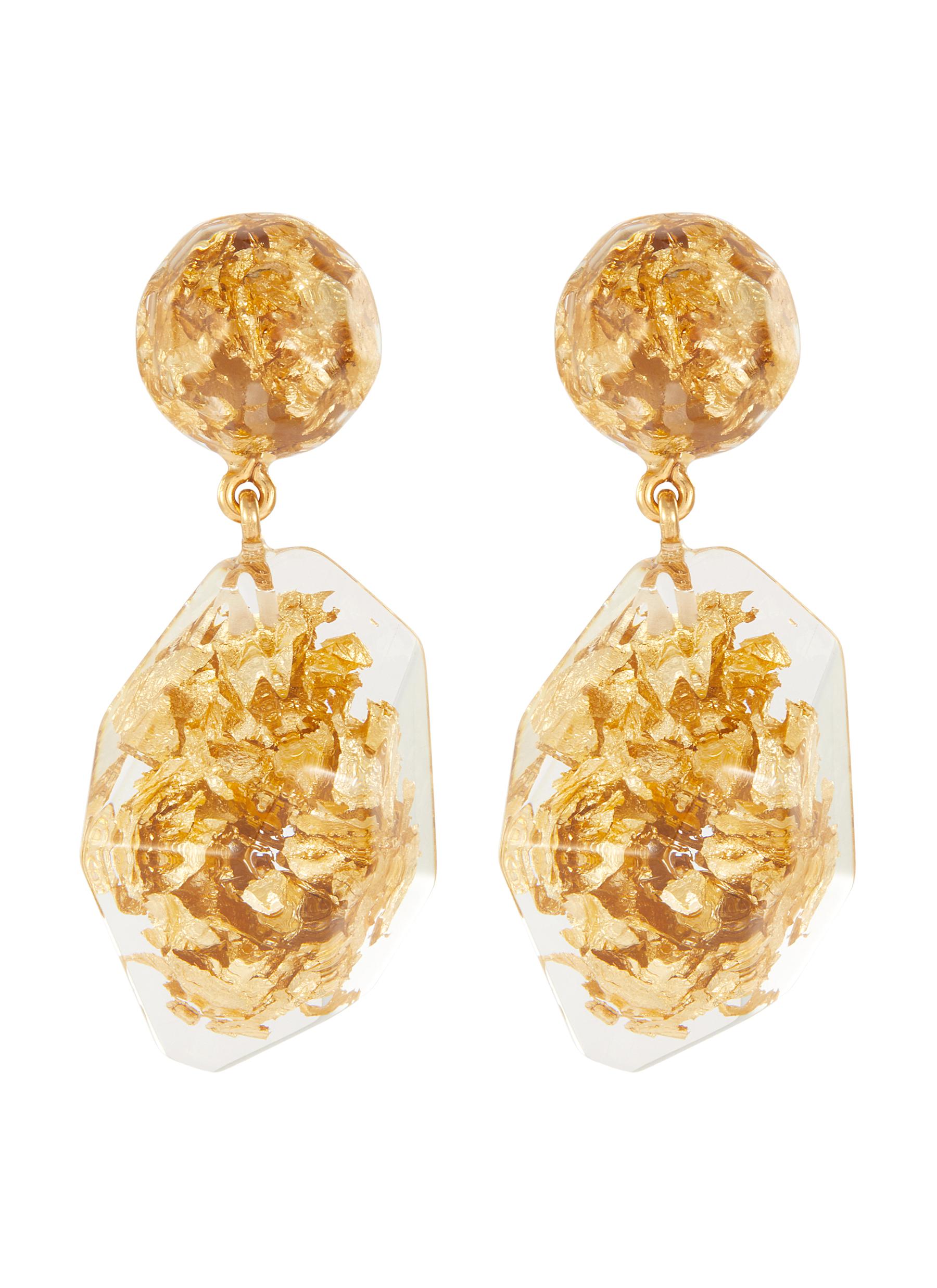 Click to view more detailed imagery on our partner's website Oscar De La Renta Gold Flake Nugget Clear Drop Earrings