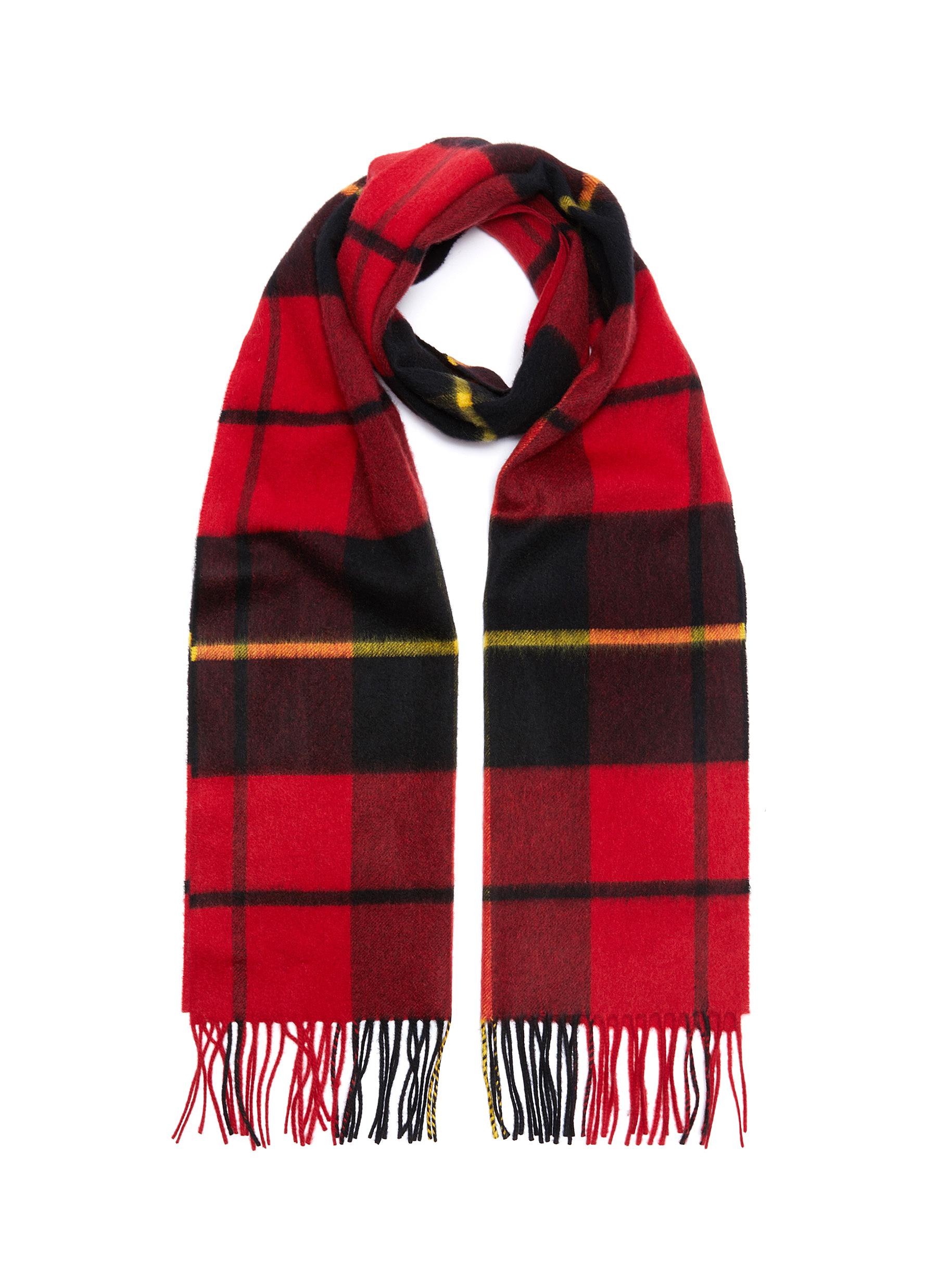 Johnstons Of Elgin Tartan Plaid Fringed Cashmere Scarf In Red