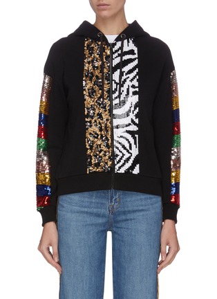 Main View - Click To Enlarge - ALICE & OLIVIA - Contrast animal print sequin panelled zip hoodie