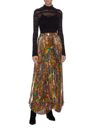 Figure View - Click To Enlarge - ALICE & OLIVIA - 'Katz' pleated floral-print metallic maxi skirt
