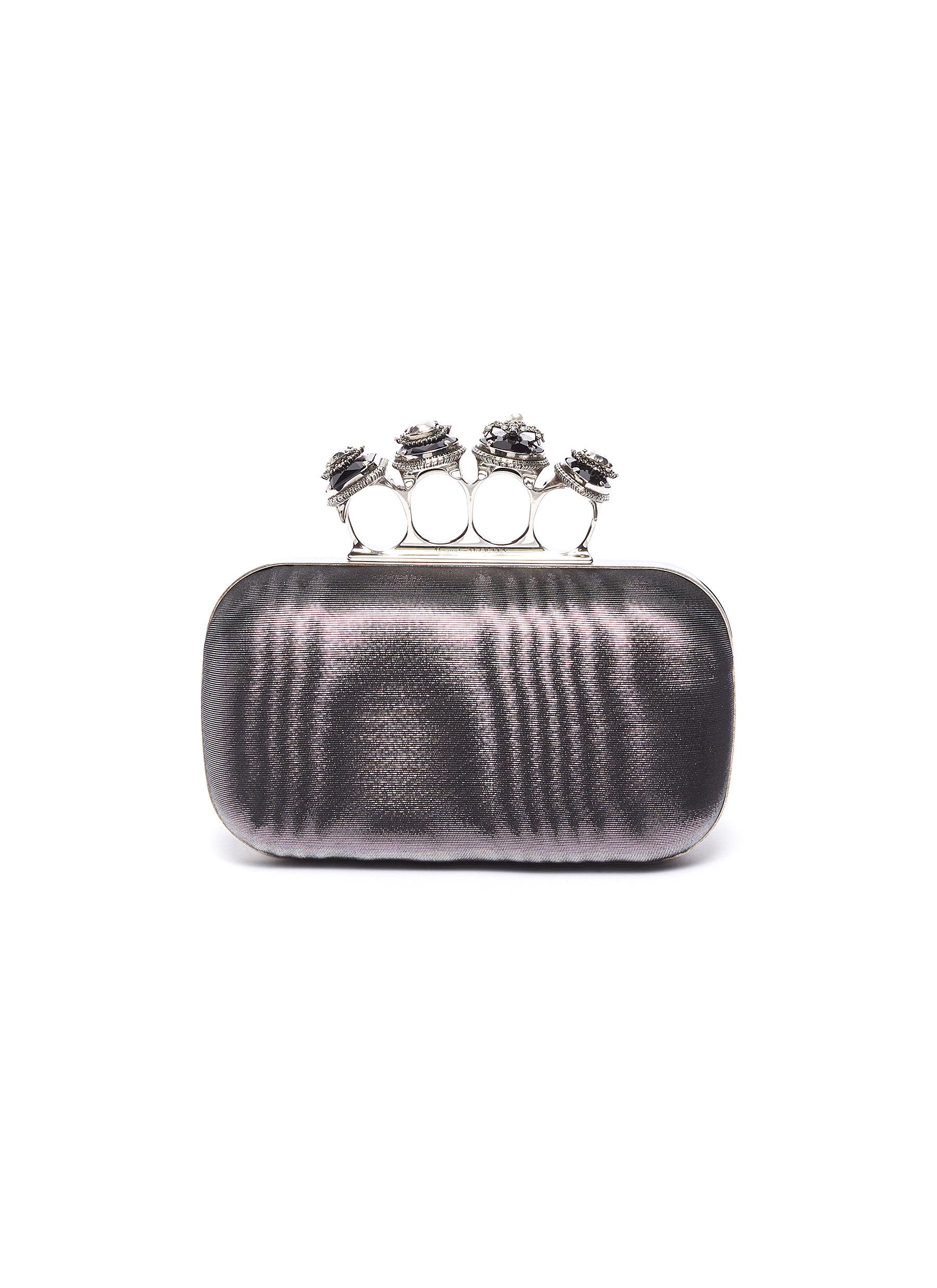 Jewelled moire satin knuckle clutch 