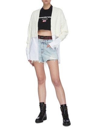 Figure View - Click To Enlarge - T BY ALEXANDER WANG - Cable knit bi layer V neck Oxford shirting cardigan top