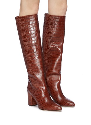 CROC EMBOSSED LEATHER KNEE HIGH BOOTS 