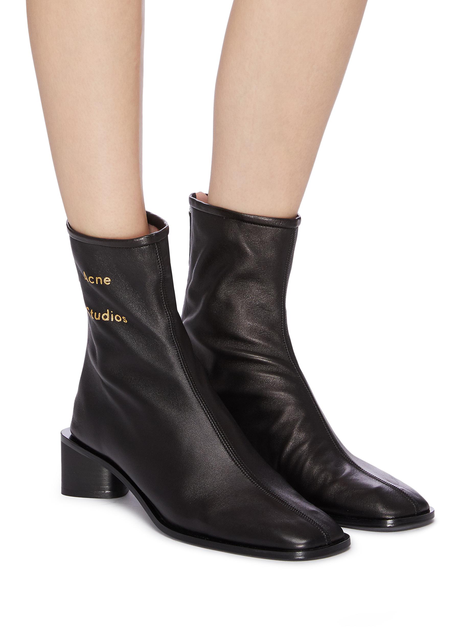 ACNE STUDIOS BLOCK HEEL BRANDED LEATHER BOOTS