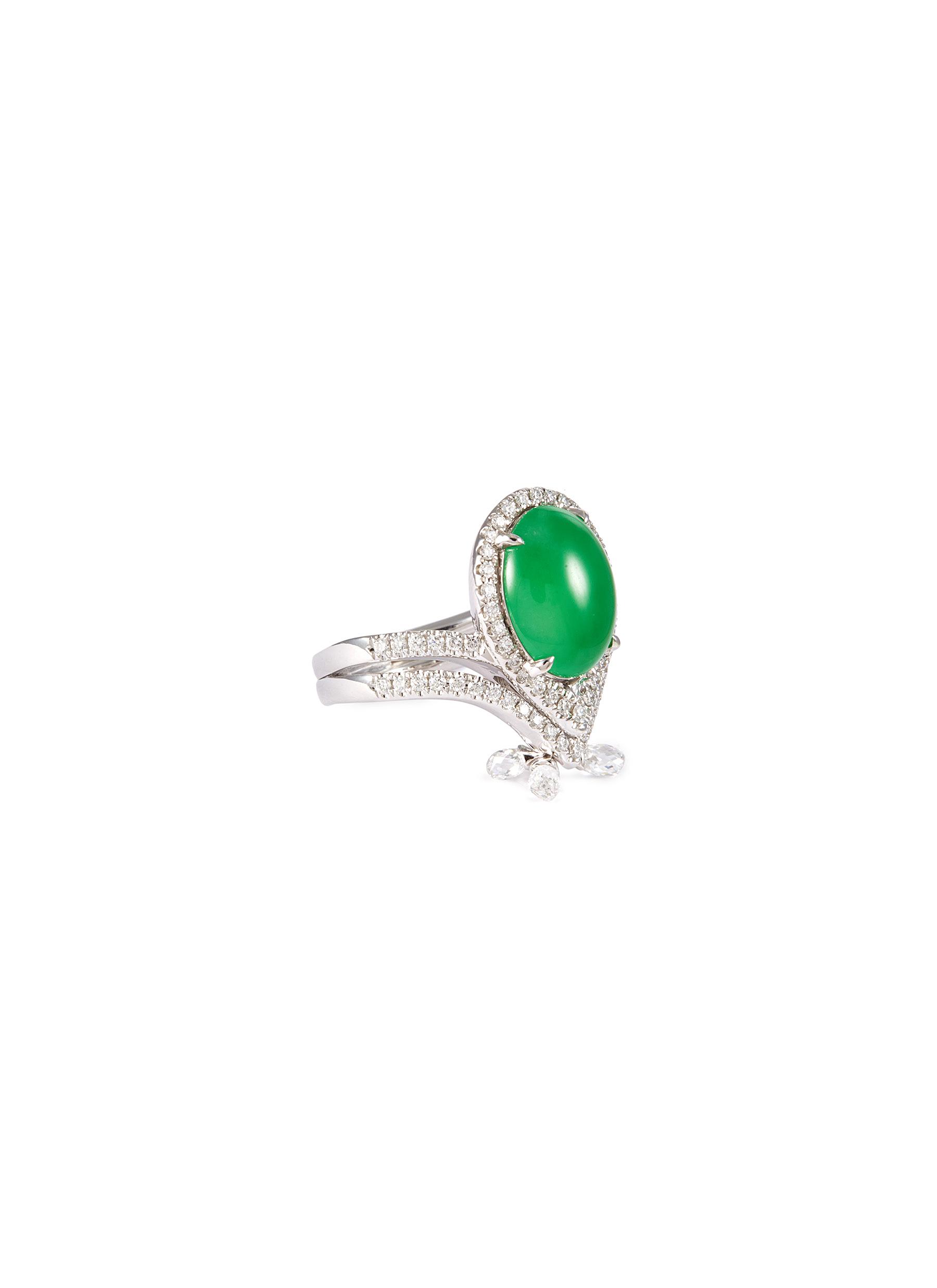 Diamond jade 18k white gold teardrop-shaped ring