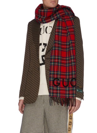 Figure View - Click To Enlarge - GUCCI - Logo tartan plaid doubleface fringed wool scarf