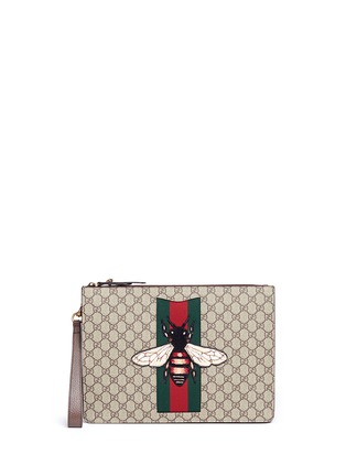 Main View - Click To Enlarge - GUCCI - Embroidered bee web stripe canvas clutch