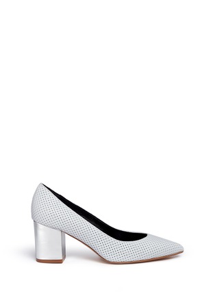Main View - Click To Enlarge - FABIO RUSCONI - Mirror leather heel perforated suede pumps