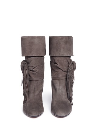 Front View - Click To Enlarge - AQUAZZURA - Fringed bow tie suede boots