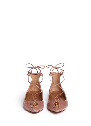 Front View - Click To Enlarge - AQUAZZURA - 'Christy Fauna' beetle embellished lace-up velvet flats
