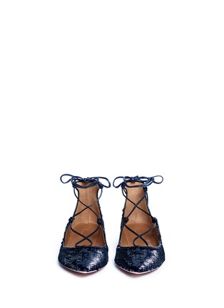 Front View - Click To Enlarge - AQUAZZURA - 'Christy' lace-up sequin flats