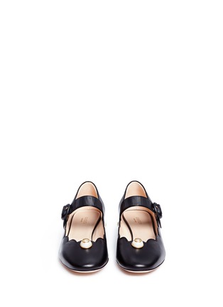 Front View - Click To Enlarge - GUCCI - Logo pearl scalloped leather Mary Jane flats