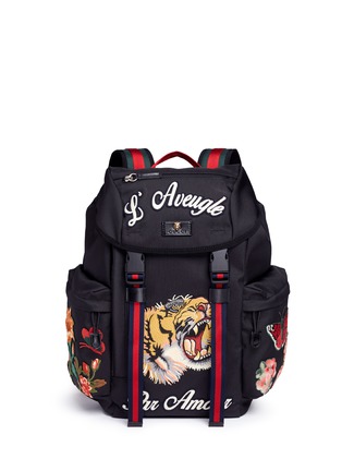 Main View - Click To Enlarge - GUCCI - Tiger and slogan embroidered techno canvas backpack