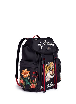 Figure View - Click To Enlarge - GUCCI - Tiger and slogan embroidered techno canvas backpack